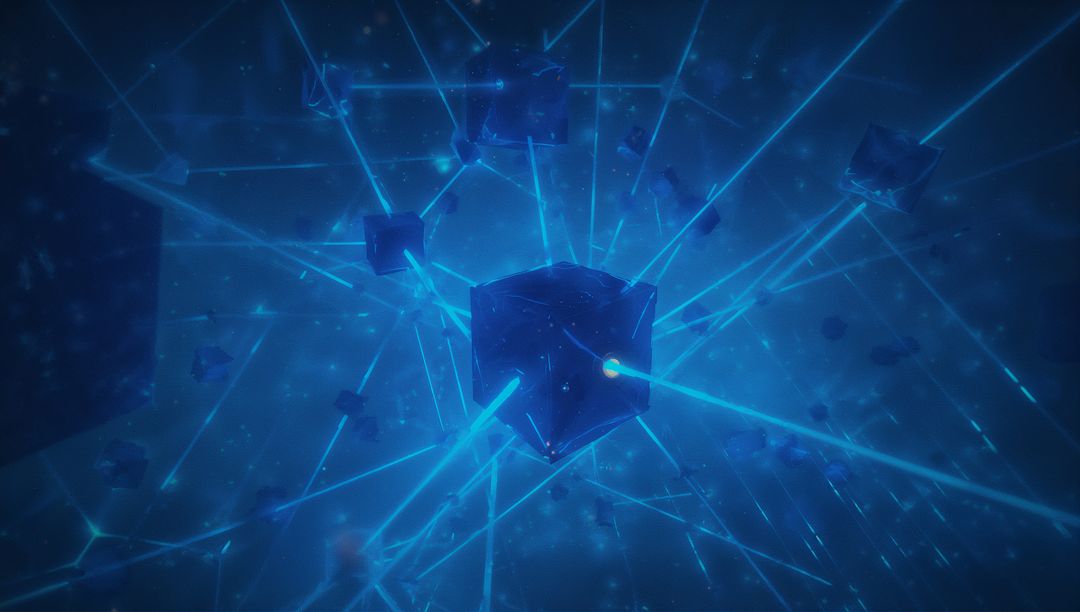 Glowing Central Cube in Futuristic Cyberspace with Connecting Beams