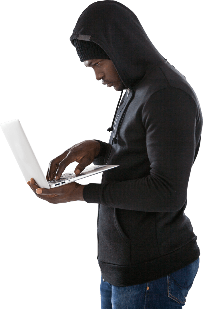 Transparent Tech Enthusiast in Black Hoodie Using Laptop