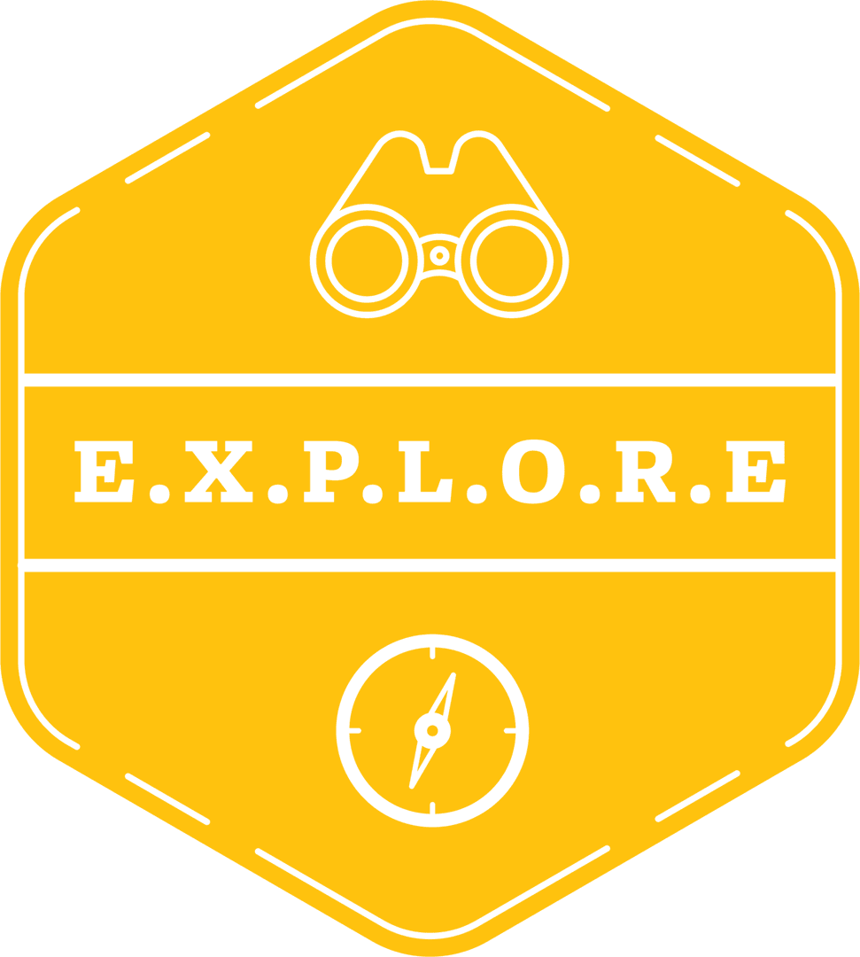 Transparent Explore Badge with Hexagonal Design for Travel Enthusiasts