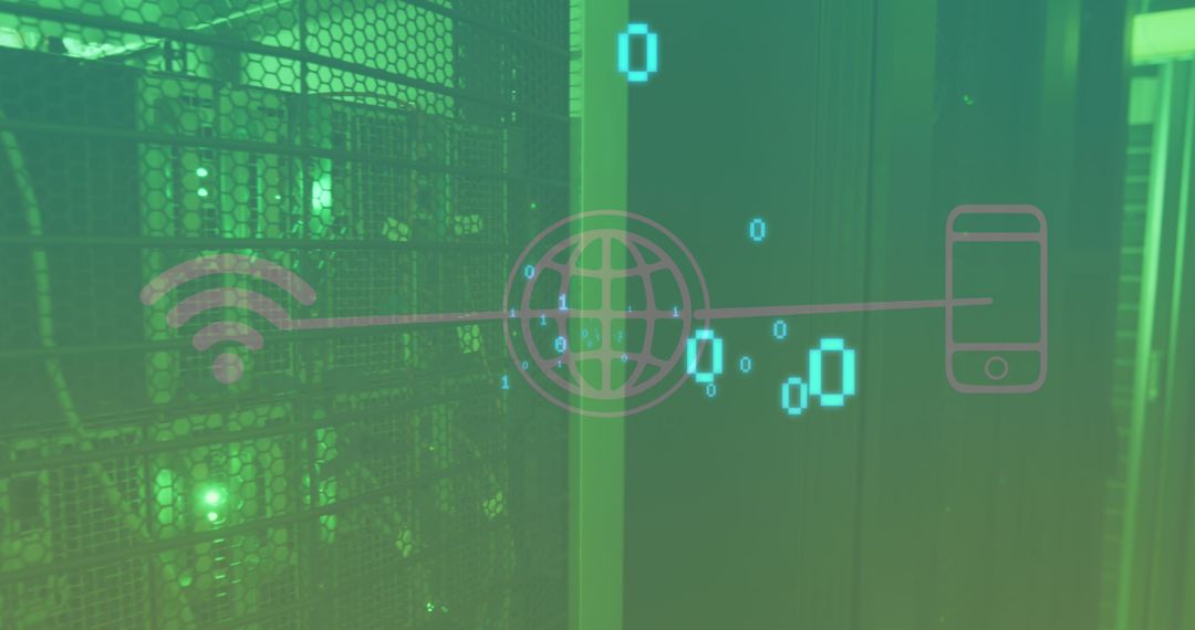 Digital Network Graphic with Green Binary Overlay