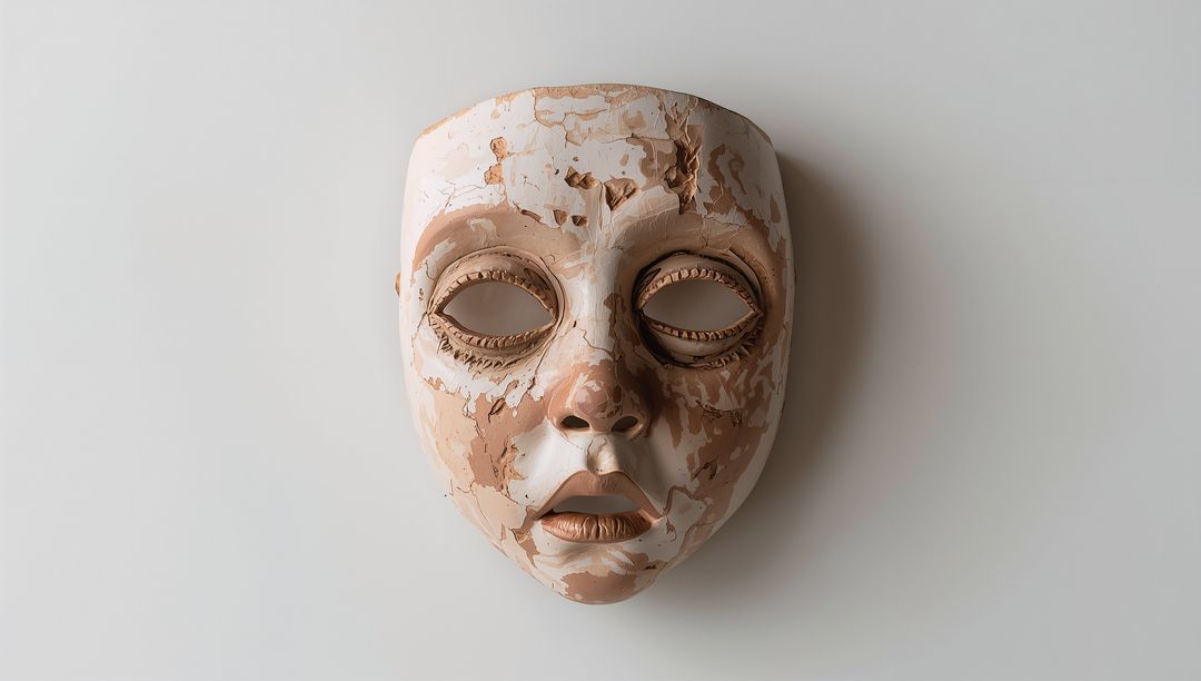 Worn Ceramic Face Mask with Peeling Paint Texture and Soft Studio Shadows