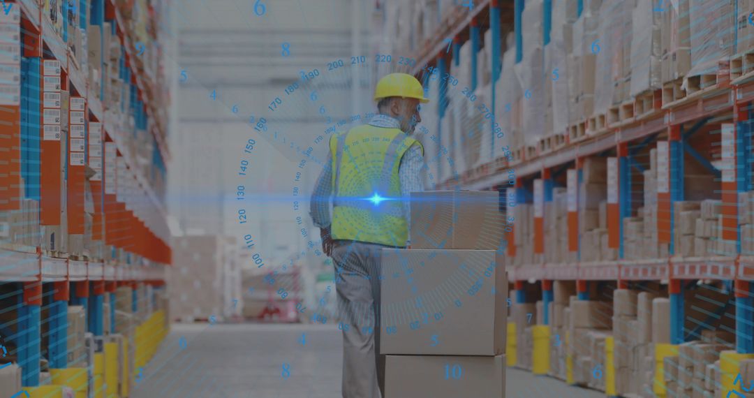 Warehouse Worker Pushing Boxes in Logistics Center