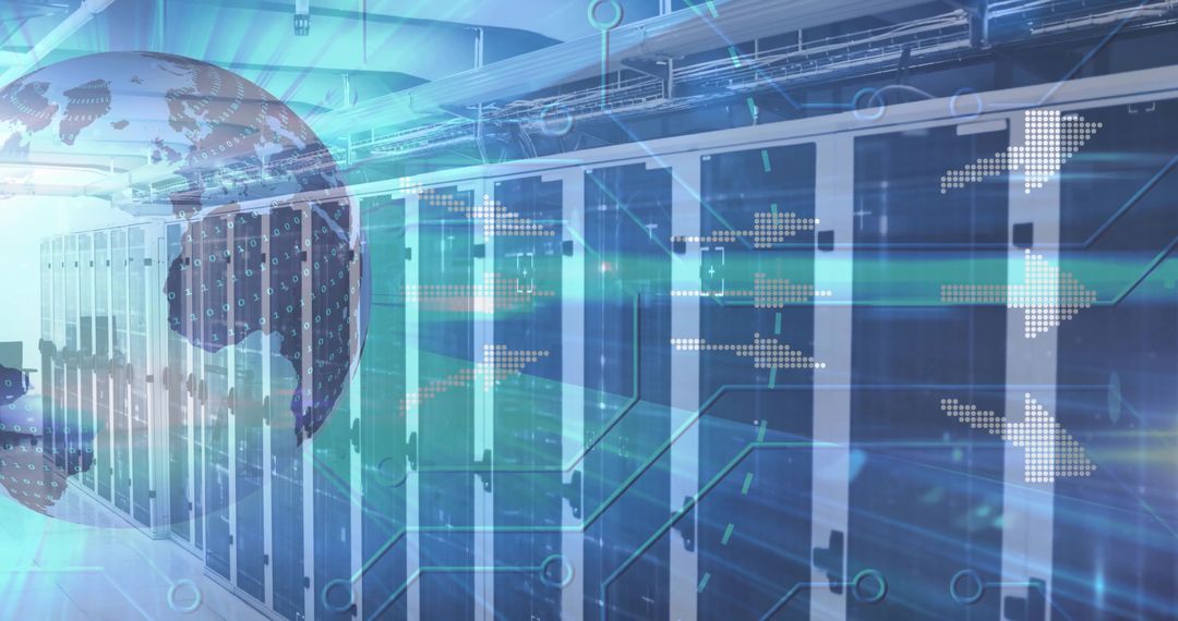 Global Data Center Network Featuring Server Racks, Binary Globe and Digital Arrows