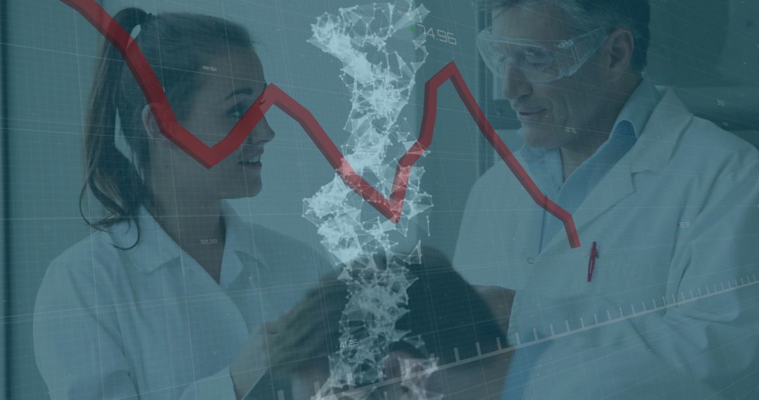 Scientists Analyzing DNA with Data Overlays in Laboratory