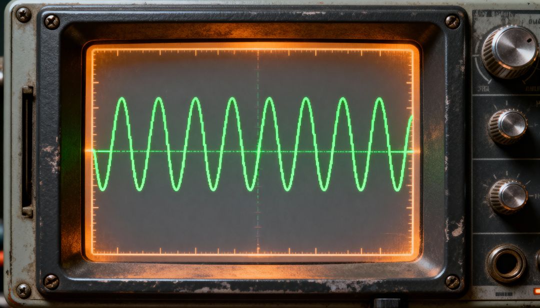 Vintage Analog Oscilloscope CRT Showing Green Waveform on Worn Metal Bezel and Knobs