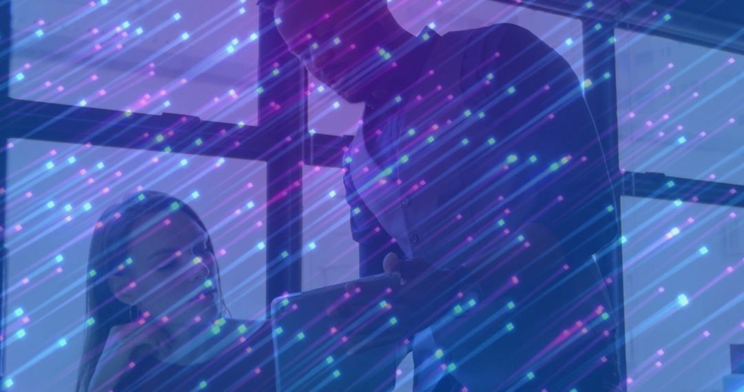 Collaborative Office Innovators with Futuristic Data Overlay