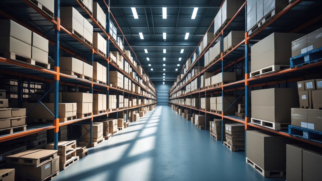 Modern Warehouse Aisle with Organized Storage and Pallet Racking