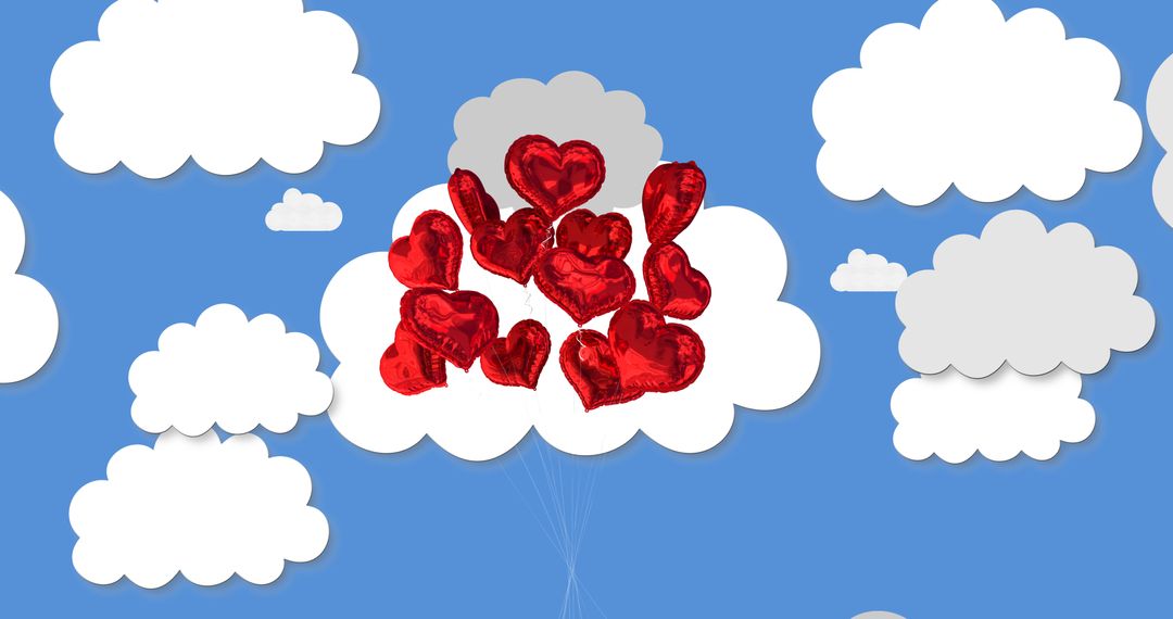 Digital Heart Balloons Surrounded by Cartoon Cloudscape