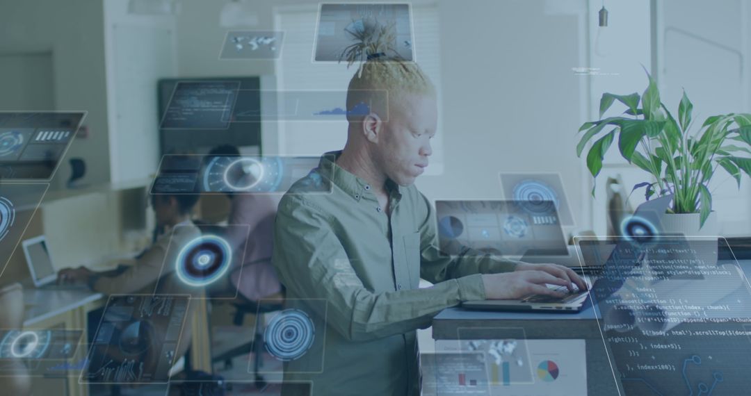 Albino Man Working on Futuristic Computer Interface in Office