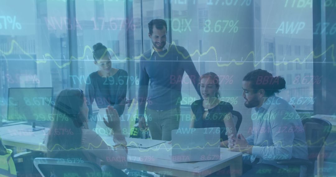 Diverse Team Analyzing Financial Data with Tech Overlay