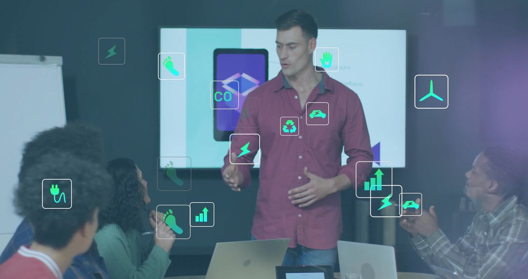 Team Discussing Eco-Friendly Innovations With Digital Interface Elements