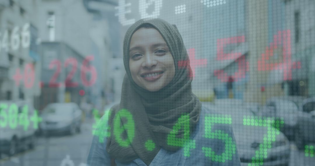 Businesswoman Smiling with Stock Market Data Overlay in Urban Background - Free Images, Stock Photos and Pictures on Pikwizard.com