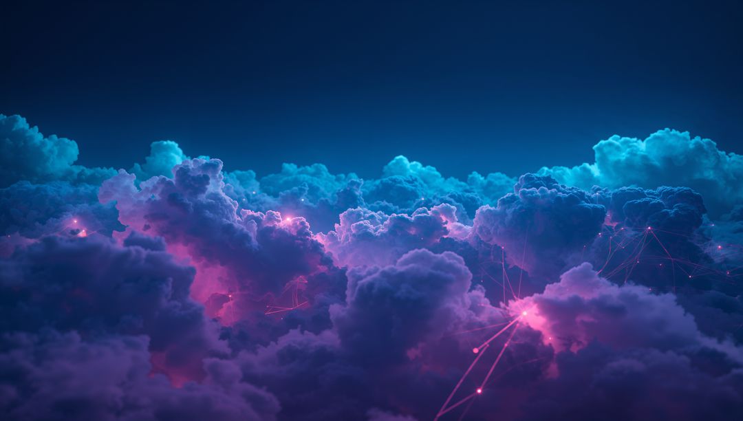 Neon Network in Cloudy Night Sky - Futuristic Atmosphere