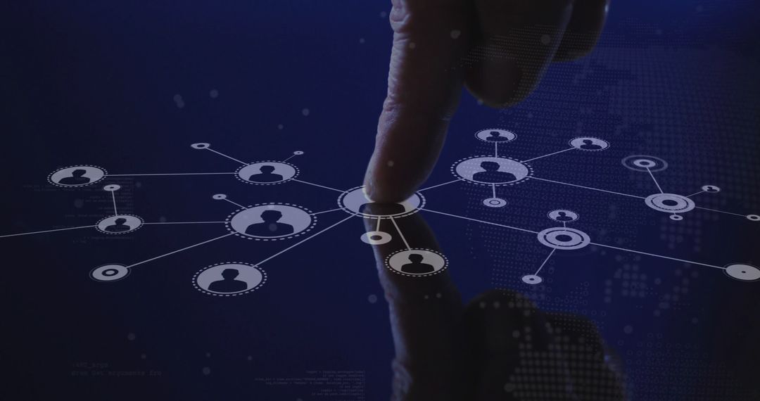 Person Touching Digital Interface with Silhouette Icons and Network Lines
