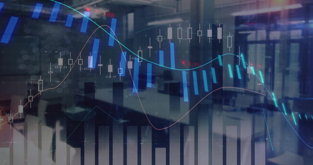 Financial analytics dashboard overlaying modern open-plan office with candlestick charts