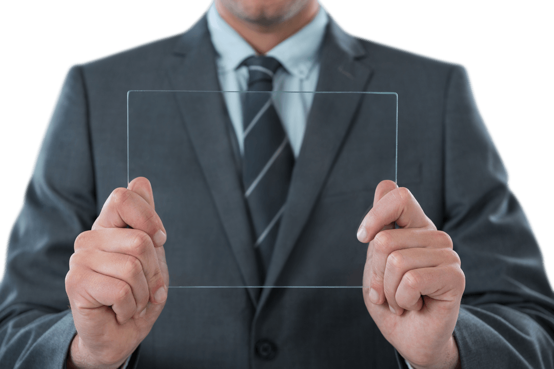 Businessman Displaying Transparent Tablet Mockup