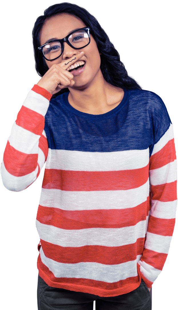 Playful Woman with Finger Mustache on Transparent Background