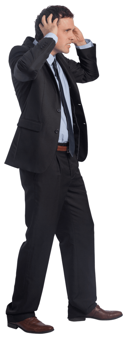 Stressed Businessman with Hands on Head Transparent Background
