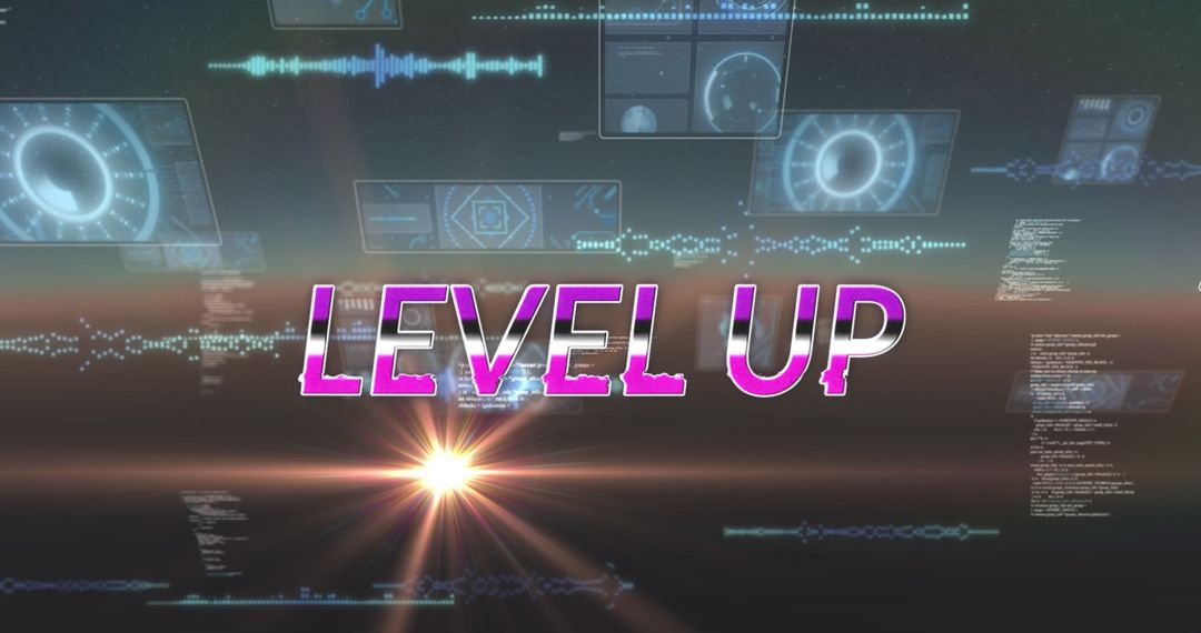 Futuristic Level up Text with Digital Background and Lens Flare