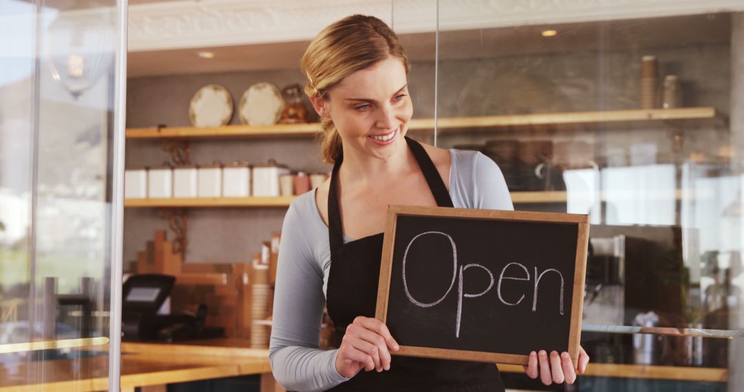 Smiling Café Owner Holding Open Sign Inside Cozy Coffee Shop - Free Images, Stock Photos and Pictures on Pikwizard.com