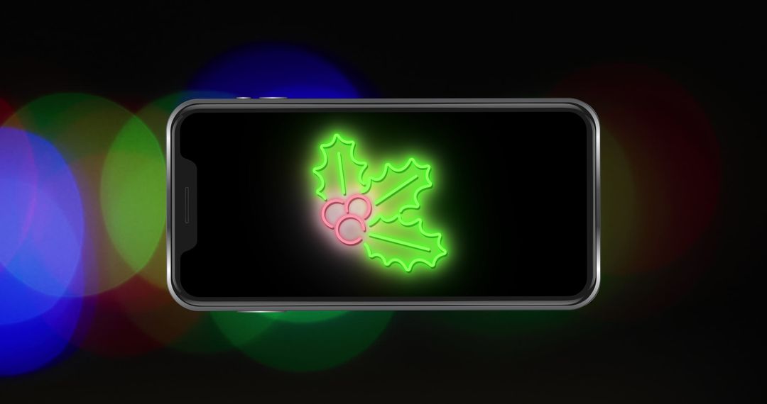 Festive Holly Leaves on Smartphone Screen With Colorful Bokeh Lights