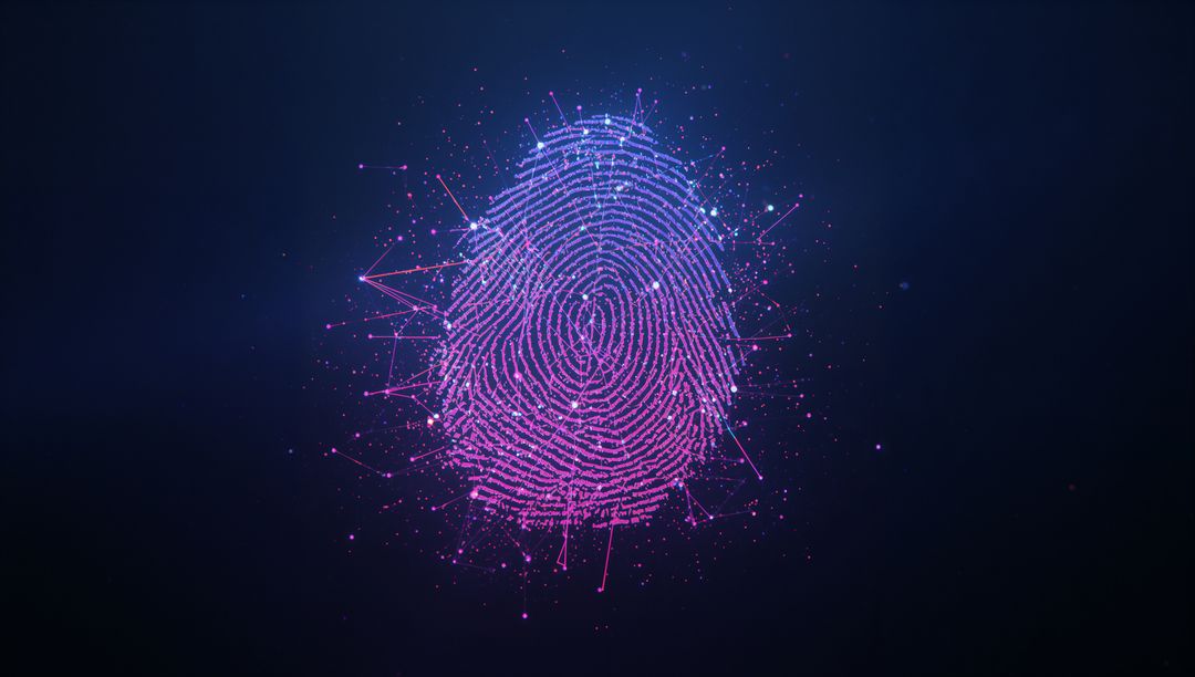 Glowing Digital Fingerprint Logo with Floating Network Nodes