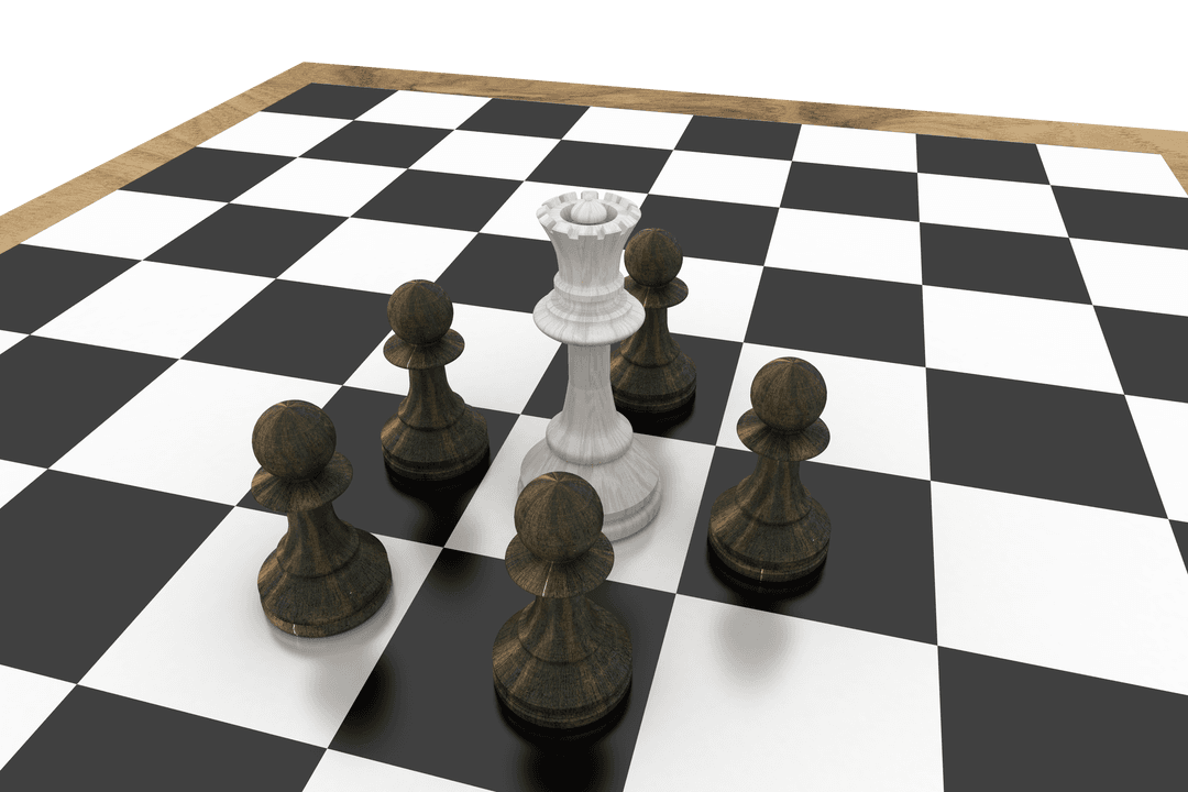 Transparent Chess Board with Isolated White Queen and Black Pawns