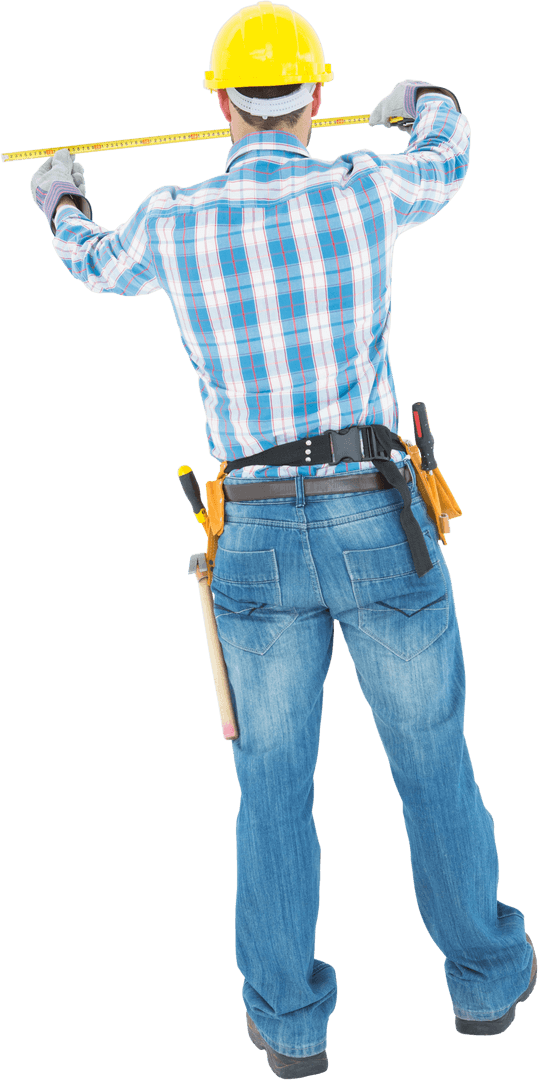 Construction Worker Measuring with Tape Transparent Background