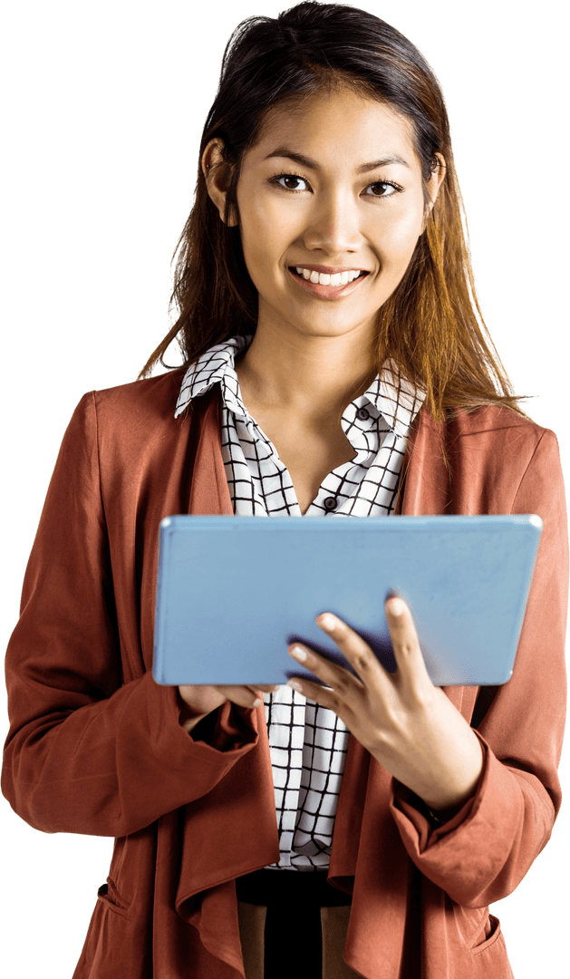 Transparent Smiling Businesswoman Using Tablet Technology