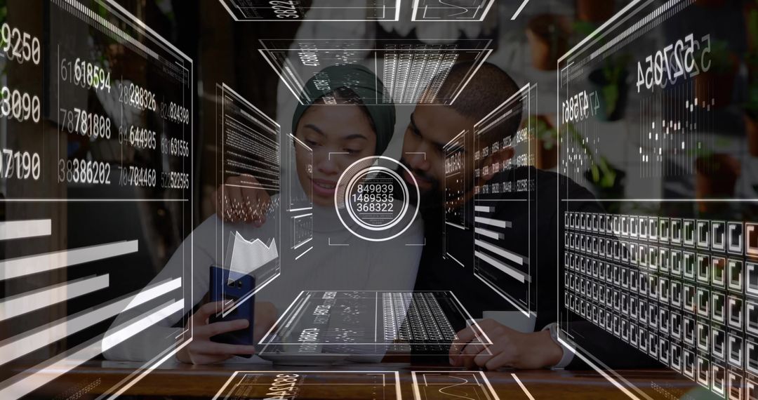 Couple collaborating using smartphone and laptop with augmented analytics overlays in cafe