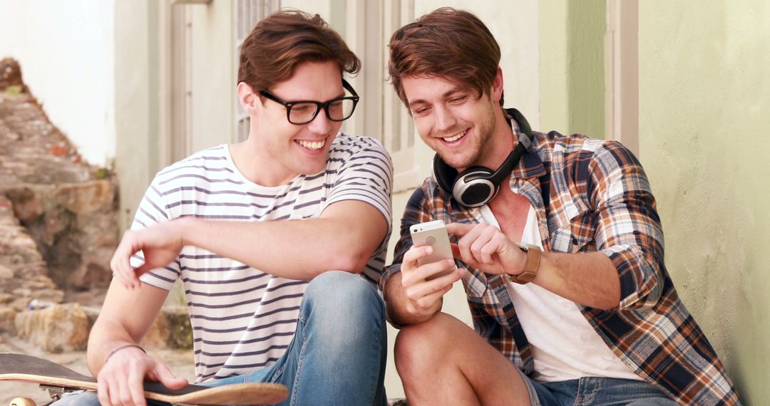 Happy Young Men Using Smartphone While Enjoying Outdoors - Free Images, Stock Photos and Pictures on Pikwizard.com