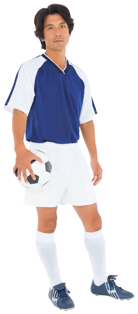 Confident Football Player Holding Ball in Blue and White Uniform on Transparent Background - Download Free Stock Images Pikwizard.com