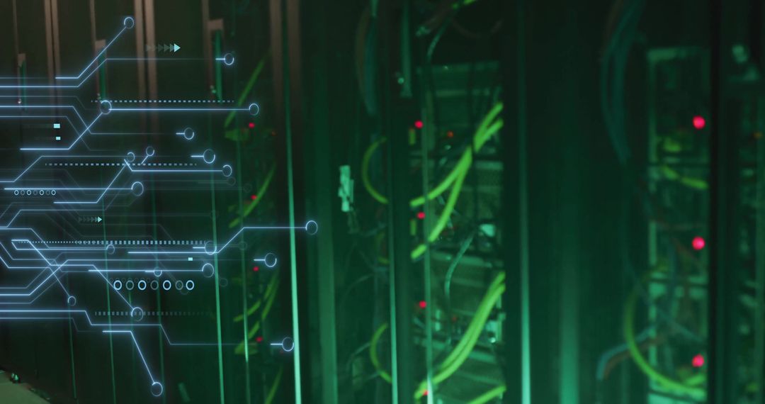 Glowing Motherboard in Dark Server Room Illustrates Digital Connectivity