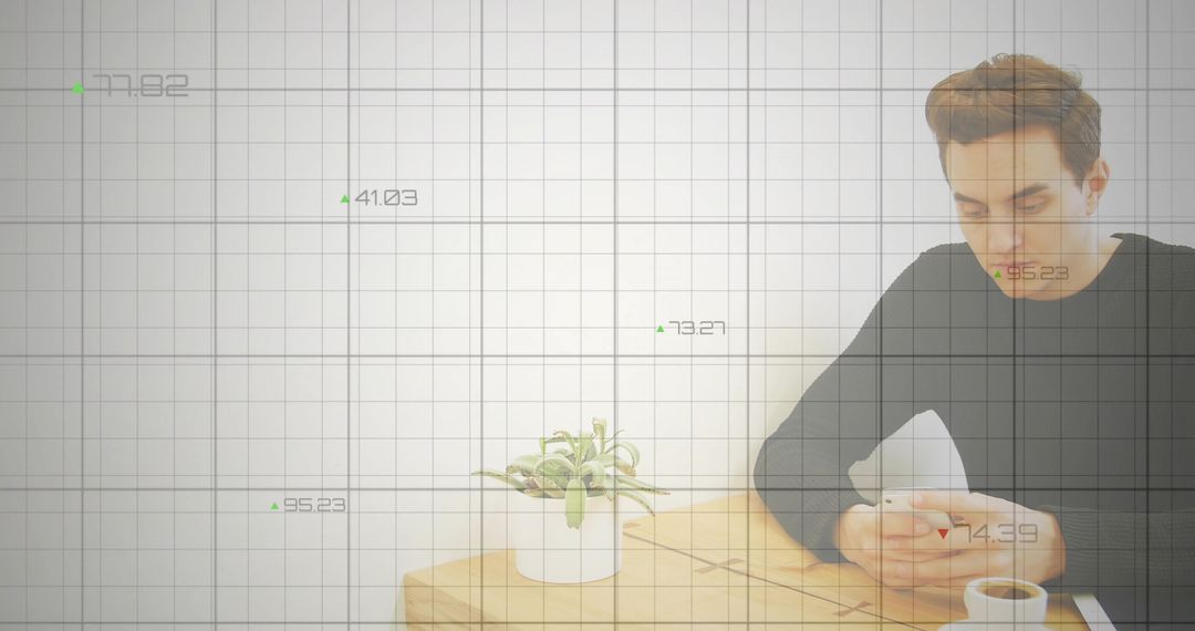 Man with Smartphone in Cafe with Data Overlay