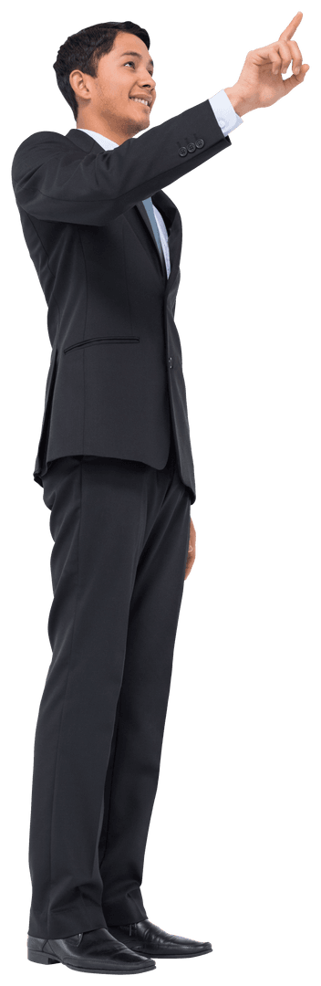Confident Asian Businessman Pointing Up on Transparent Background