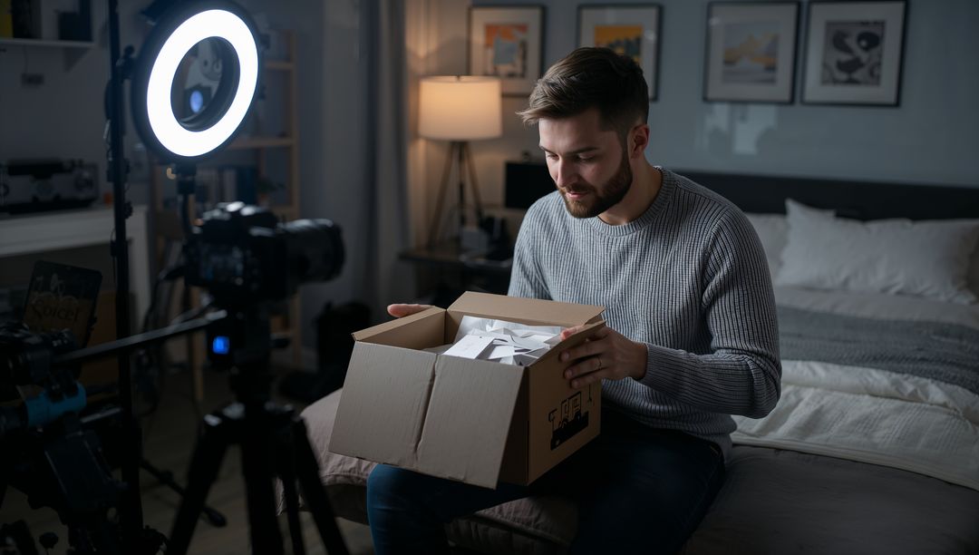 Man Filming Unboxing Video in Home Studio with Ring Light