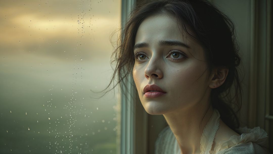 Woman by Rainy Window with Pensive Expression at Dusk