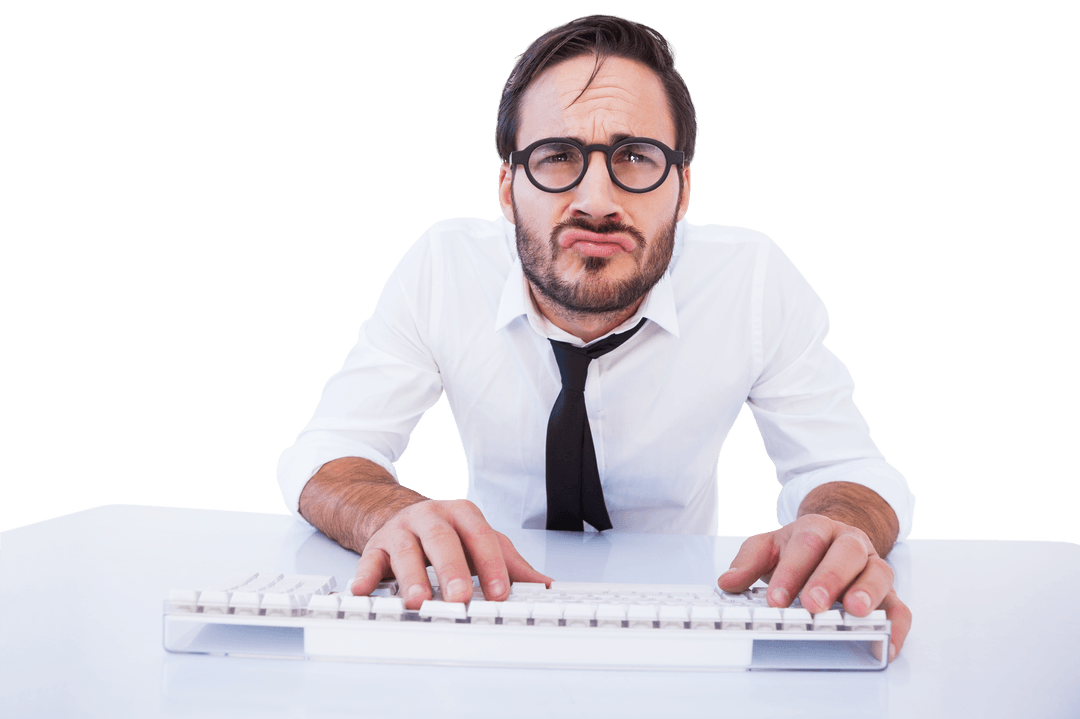Confused Businessman with Glasses Typing on Computer, Transparent Background