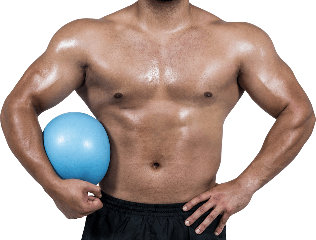 Muscular Man Holding Weight Ball on Transparent Background