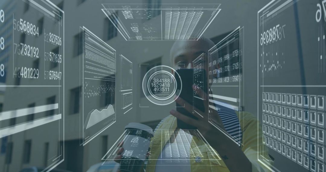 Futuristic Analyst Engaging with Holographic Digital Panels