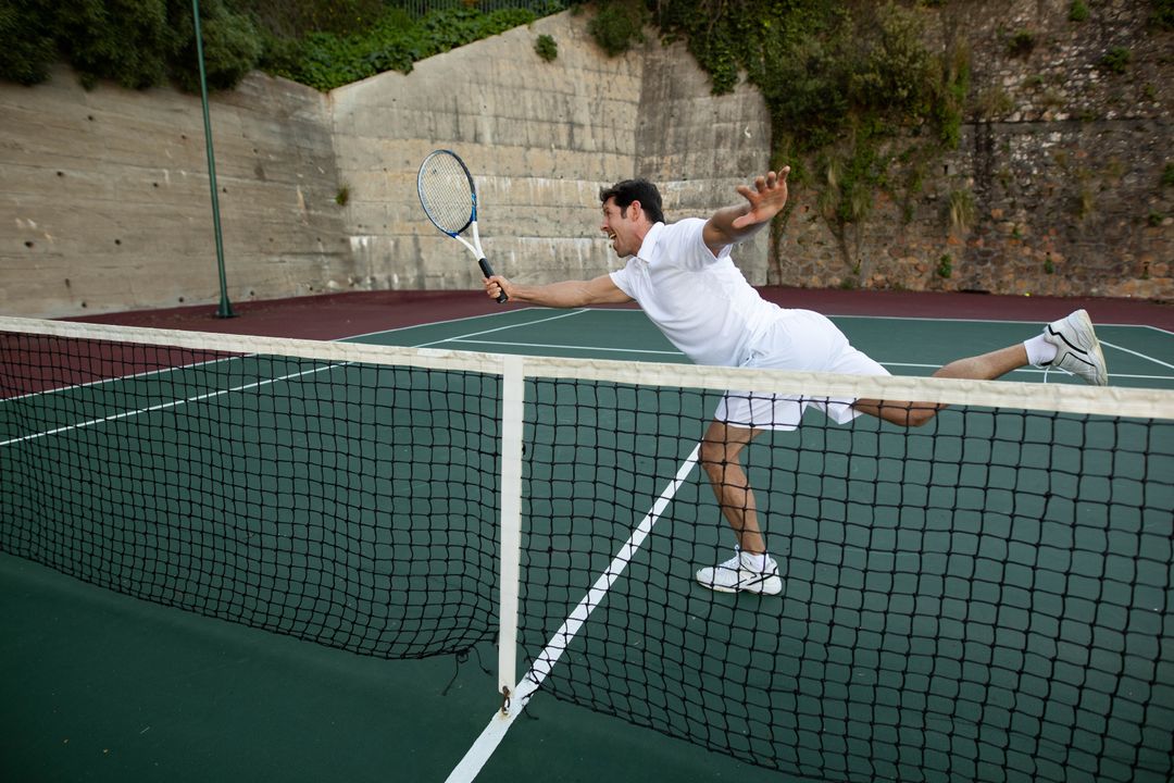 Tennis Player Lunging with Racket on Open Court, Outdoors Determination