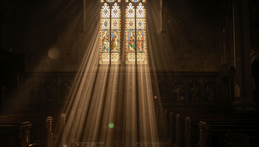 Sunbeams Streaming Through Stained Glass Illuminating Dusty Cathedral Nave and Wooden Pews