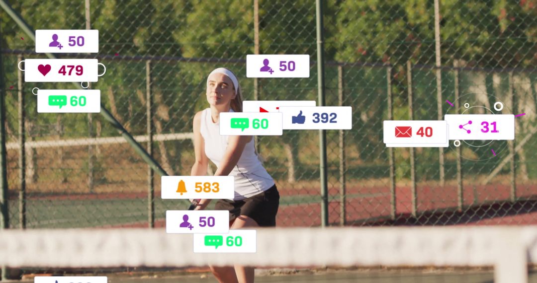 Young Tennis Player Interacted by Social Media Icons with Notifications