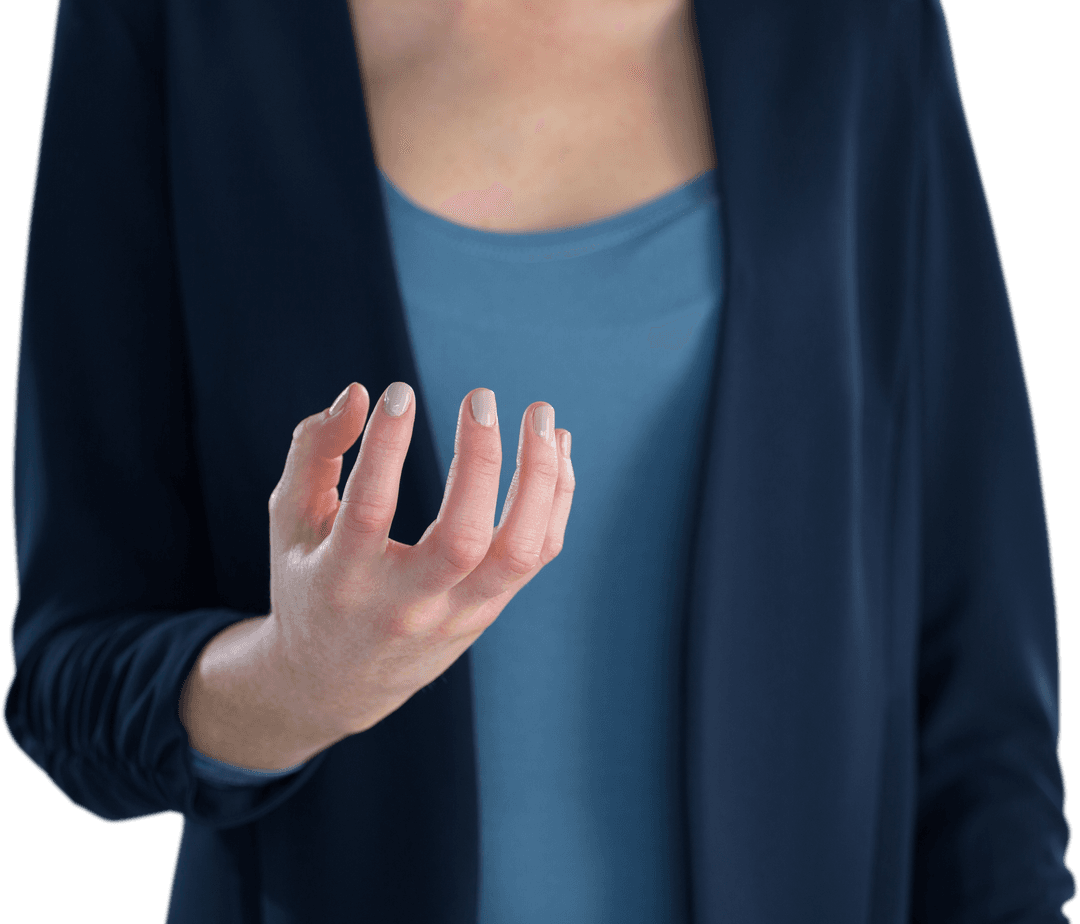 Businesswoman's Hand Gesturing Transparent Object with Blue Outfit