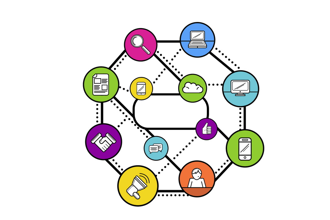 Transparent Network of Colorful Business and Media Icons