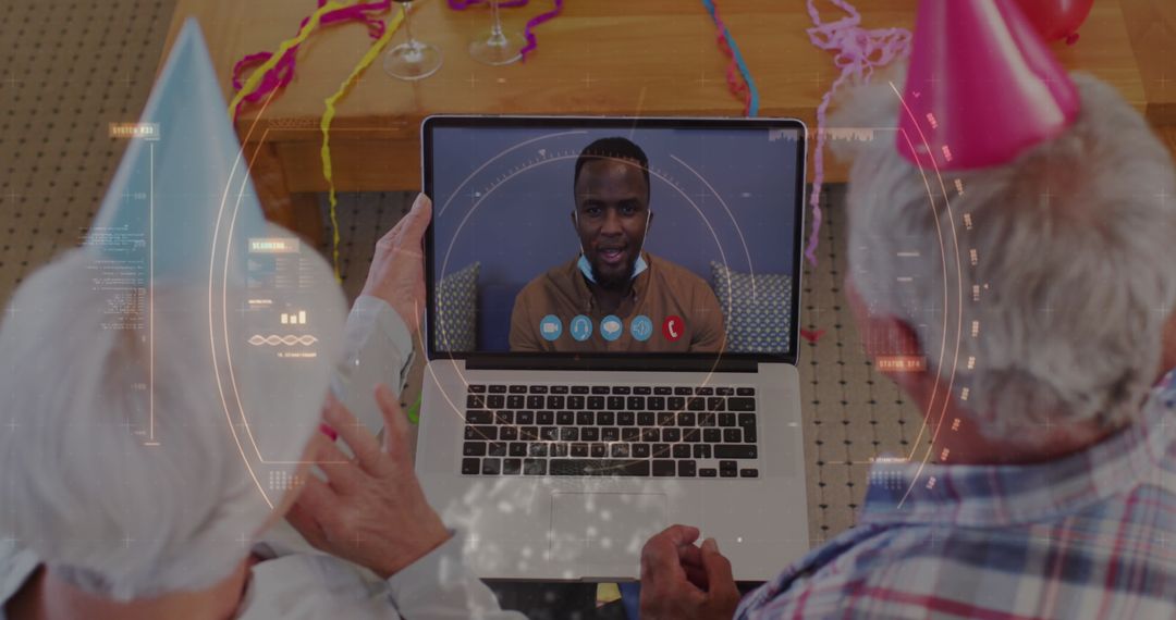 Seniors in Festive Hats Video Calling with Futuristic Tech Overlay