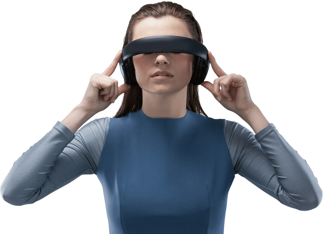 Woman Using Transparent Virtual Reality Headset in Futuristic Style