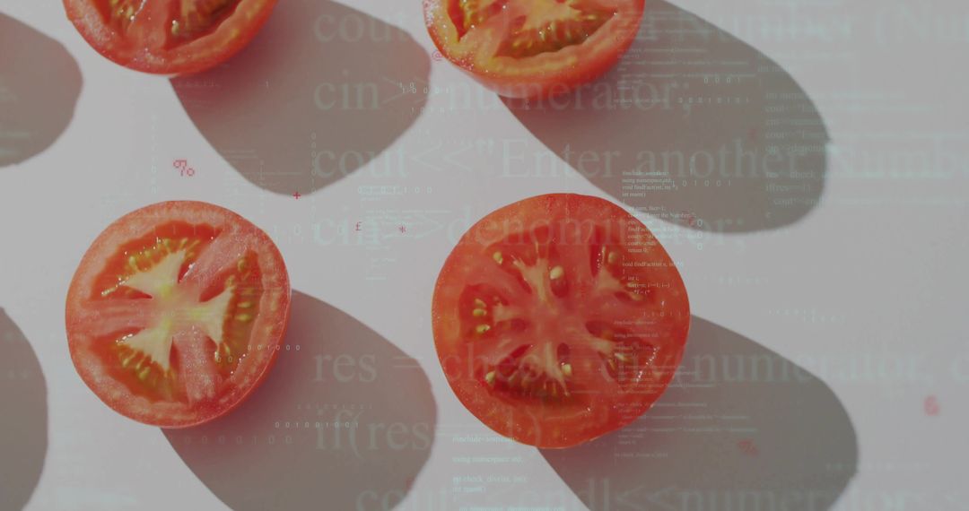 Sliced Cherry Tomatoes Casting Soft Shadows on White Surface with Typographic Overlay