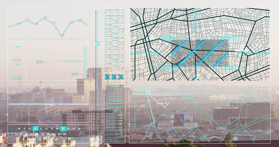 Futuristic City Map Overlay with Data Visualization Charts