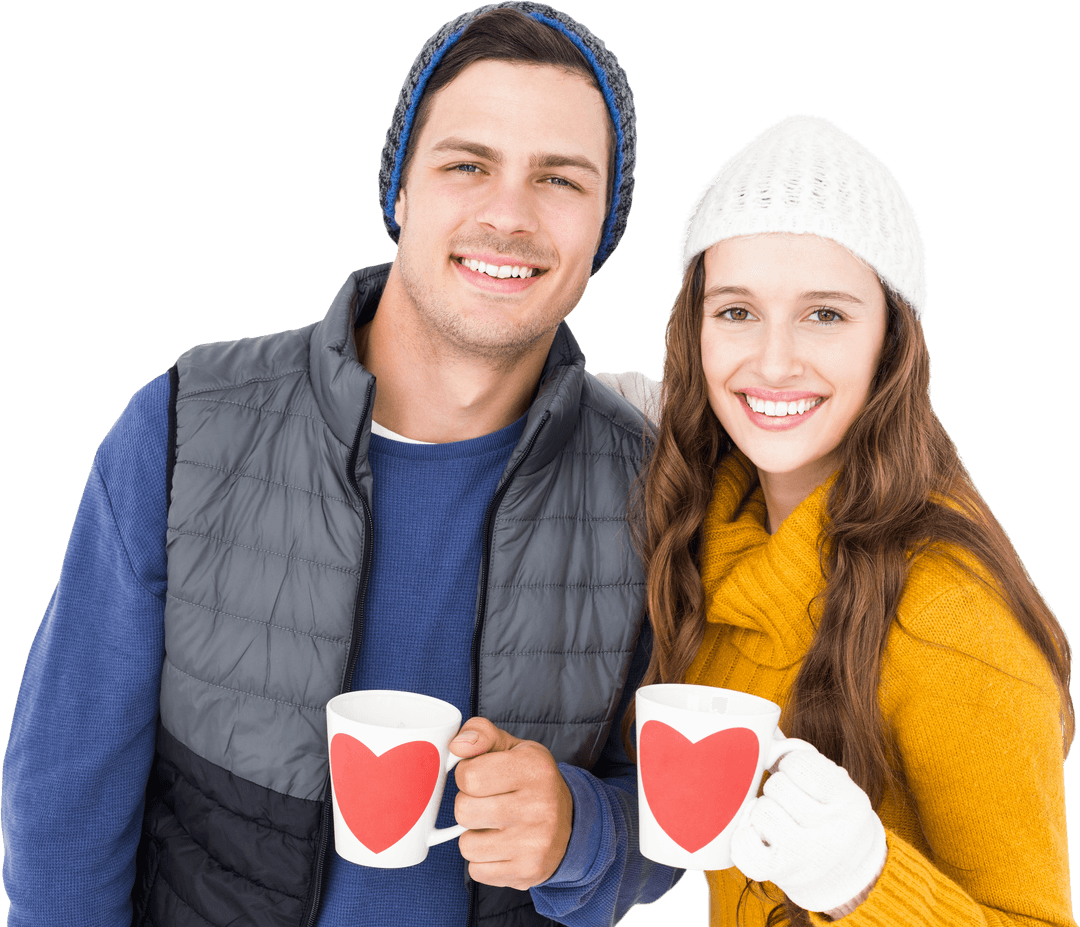 Smiling Couple in Winter Apparel Holding Heart Mugs Transparent